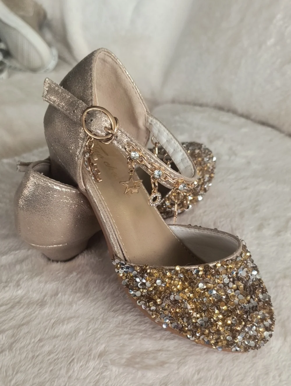Girls Size 30/12 Gold Glitter Jewel Mary Jane Dress Shoes with Ankle Charm